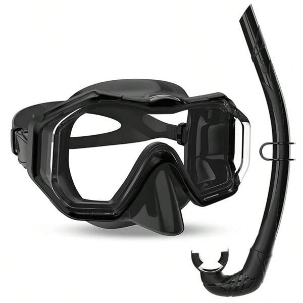 1pc Black Snorkeling Mask + 1pc Black Snorkel, Waterproof Leak-Proof Odorless Silicone + PC Material Goggles With Adjustable Strap, Simple & Fashionable Universal Snorkeling Mask & Snorkel Set