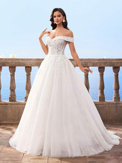 HEARBOBO Elegant Chic Off The Shoulder Christmas White Lace Appliques Long Dresses Mesh A-Line Wedding Dresses For Bride