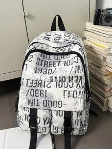 Casual Spacious Letter Print Multi-Pocket Snap Button Backpack, Unisex School/Travel Bag, Suitable For Students, School Season