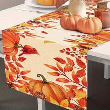 1pc Autumn Themed Tablecloth, Featuring Bright Pumpkin And Maple Leaf Designs, Embellished With Birds, Polyester Fabric, Suitable For Western Thanksgiving And Autumn Celebrations, Creating Warm And Comfortable Home Decor, Suitable For Autumn Dining Tables, Dining Rooms, And Living Rooms, As Well As Decoration For Family Holiday Gatherings Or Parties. - Multicolor - View 12