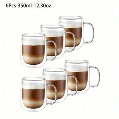 Lot de 6 - 250 ml-350 ml - Tasses à café en verre double paroi - Tasses à expresso en verre transparent résistant à la chaleur - Avec anses - Transparent - Convient pour les lattés, cappuccinos, sachets de thé et boissons chaudes et froides
