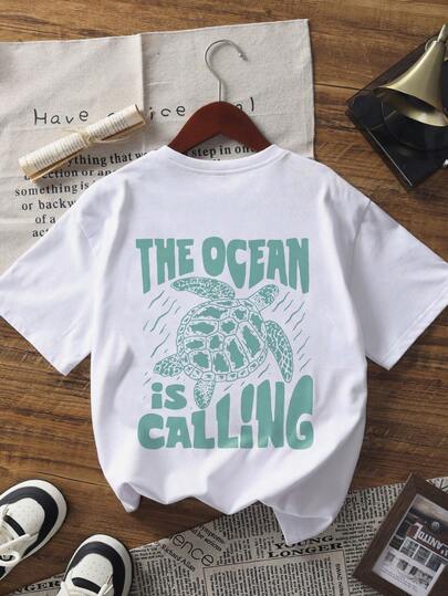 1pc Casual Sea Turtle Print Pullover Short Sleeve T-Shirt For Teenage Girls. Suitable For Girls Preparing To Go To The Beach Or Seaside