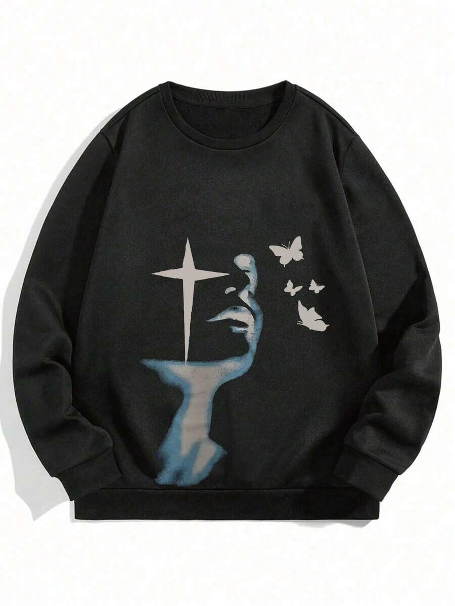 Plus Size Men's Long Sleeve Casual Crew Neck Sweatshirt, Star, Butterfly, And Graphic Print, Urban Streetwear Style, Suitable For Casual And Sports, Spring, Summer, Autumn, Winter - Black - View 1