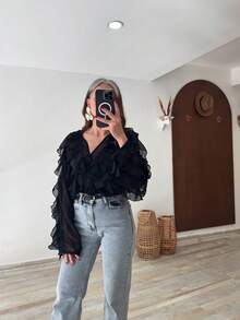 HZXVIC Women's New Autumn French Style Multi-Layer Ruffle Sheer V-Neck Drape Long Sleeve Blouse - Black - View 4