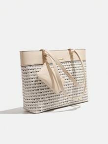 2024新款欧美时尚女士手提包托特包单肩包简约十字纹大容量包包 - 杏色 - 查看 4