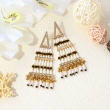 1 Pair Of Zinc Alloy Plated With 18k Gold Colored Rice Beads, Triangular Shaped Earrings, Faux Pearl Sticky Water Diamond Bohemian Style Women's Earrings, Daily Summer Beach Vacation Earrings