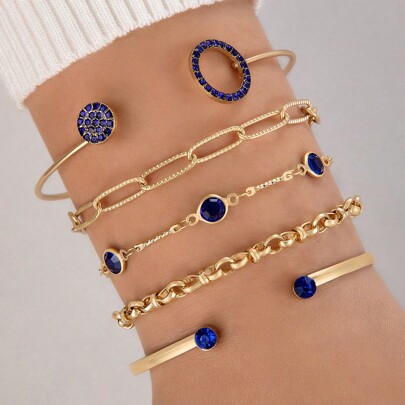 5 Pcs/Set Versatile Blue Circle With Rhinestone Geometric Open Cuff Bracelet/Bangle Set