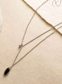 1pc Vintage French Style Titanium Steel Chain Oval Pendant Necklace, Fashionable Minimalist Choker Necklace, Elegant Elegant Neck Accessory