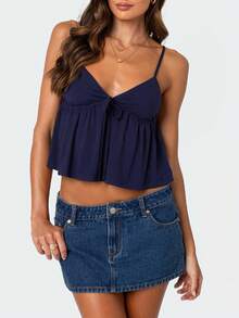 Women Babydoll Cami Tops Summer V Neck Spaghetti Strap Flowy Ruffle Crop Tank Tops Casual Backless Peplum Camisole - 深藍色 - 查看 1