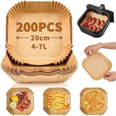 200/100/50/25pcs Air Fryer Paper, Lined With Oil Resistant And Waterproof Air Fryer Paper Basket And Bowl, Lined With 6-Inch 100/50/25 Paper Air Fryer Liner, 6-Inch Non Stick Square Baking Paper, Oven Barbecue Suction Paper, Reusable Paper, Compatible With Most Air Fryers, Making It A Great Kitchen Gift