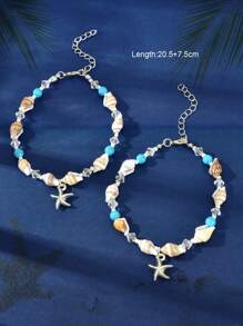 2 Stück Sommer Strand Accessoires handgefertigte Muschelperlen Kette Seestern Charm Fußkettchen Urlaubs Party verstellbarer Fußschmuck