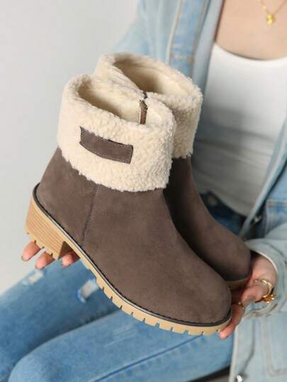 女士二合一中筒雪地靴，粗跟，毛边装饰，欧美风格，大码，秋冬季，派对装
