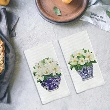 2 Pcs Blue And White Porcelain Chinoiserie Kitchen Towels, 16x24 Inch, Set Of 2, Hydrangea Floral Dish Towels Tea Towels For Kitchen, Chinoiserie Decor Hand Towels For Bathroom, Grand Millenial Decor - 藍白1 - 查看 5