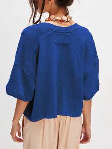 Women Half Sleeve Cropped Cardigan Shirt Short Sleeve Button Down Open Front Crewneck Loose Fit Knit T Shirt Y2k Casual Crop Tops Summer Fall Lightweight Jacket Outwear - 藍色 - 查看 2