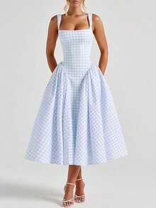 Women Summer Gingham Long Dress Corset Square Neck Lace Up Casual Sundress Backless A Line Midi Dresses - 藍色 - 查看 1