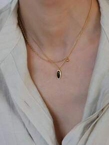 1pc Vintage French Style Titanium Steel Chain Oval Pendant Necklace, Fashionable Minimalist Choker Necklace, Elegant Elegant Neck Accessory