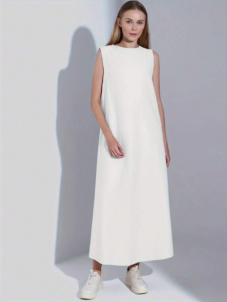 Ladies' Casual Long Dress, Solid Color Round Neck Sleeveless Casual Dress - 白色 - 查看 1