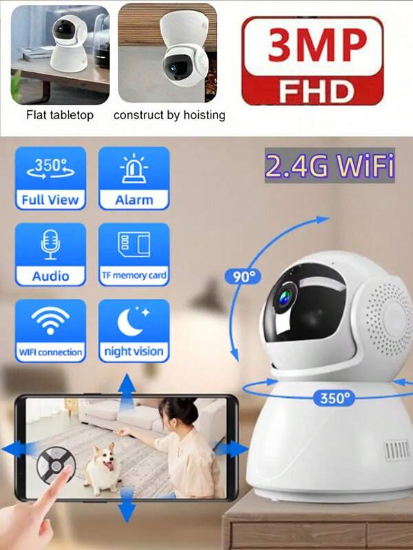 3MP HD Smart Sicherheits-Überwachungskamera, 2,4G WLAN Kamera, Smart Baby Monitor, Auto Tracking, Mobile Fernsteuerung, Zwei-Wege-Audio, IR Nachtsicht Innen WLAN Sicherheitskamera für Zuhause, Babys, Senioren & Haustiere, unterstützt Cloud-Speicherung und TF-Karte (nicht enthalten), betrieben über USB-Kabel