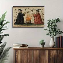 1PC Framed Vintage Gothic Witch Canvas Wall Art - 2D Flat Wrap Frame HD Printed Oil-Proof Canvas Painting, Dark Fantasy Artwork With Intricate Details, Indoor Wall Decor For Living Room, Bedroom, Office - Perfect Holiday Gift, Mystical Room Accent | Detailed Artistry, Gothic Home Decor, 2D Flat, Perfect For Room Decor- (Wrapped Canvas) - Black - View 2