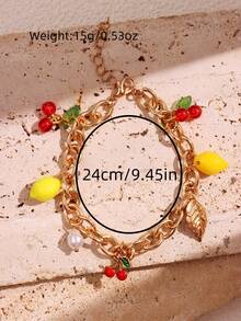 1 件时尚创意独特精致百搭活力水果柠檬樱桃珍珠链手链，非常适合女性在夏季参加海滩派对时佩戴 - 彩色 - 查看 10