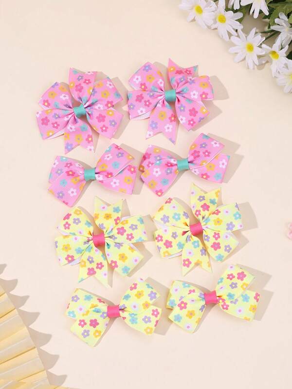 8pcs Flower Pattern Hair Bows For Girls Colorful Flower Printed Grosgrian Ribbon Bow Alligator Clips Pink Yellow Flower Bow Hair Clips Cute Vacation Bow Sets Barrettes Teens Hair Accessories