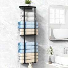 Towel Holder Without Drilling, Wall Towel Stand Matt Black With Hooks And Protective Grille For Bathroom & Kitchen, Towel Rack Organizer, Wall-Mounted Shelf For Storage And Organization, 3-Tier Towel Stand - màu đen - Xem 3