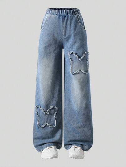 Tween Girls Fashion Washed Blue Jeans, Flare Leg Design With Butterfly Embroidery, & Versatile, Spring/Summer/Autumn