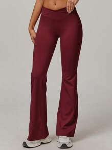 MASKERT 女士运动裤、瑜伽裤、紧身跑步健身裤、喇叭裤、休闲通勤裤、休闲裤、亲肤打底裤 - 酒紅色 - 查看 4