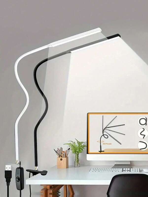 1pc Clip-On Led Reading Lamp With 360° Flexible Gooseneck, Suitable For Bed Headboard, Workbench, Home Office, Computer, Black