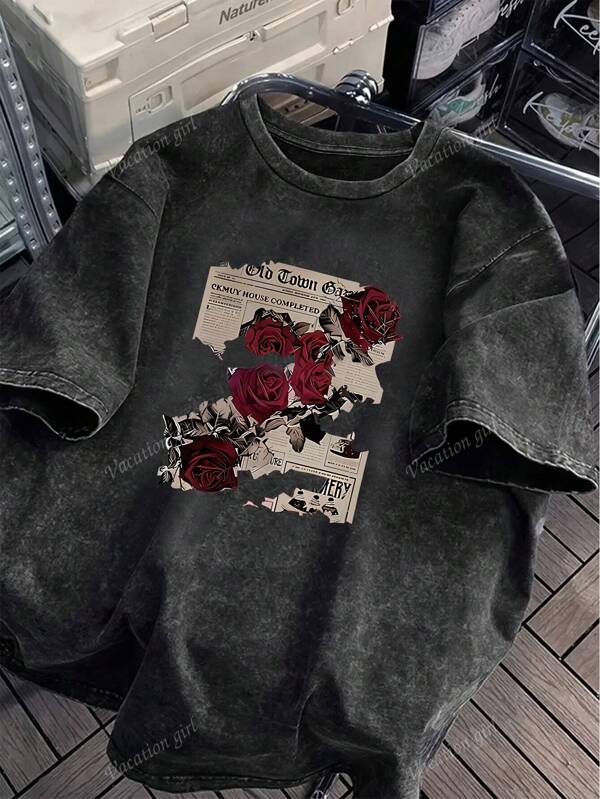 Cotton, Summer Ladies Fun Printed Street "Rose Newspaper" Pattern T-Shirt, Korean Comfortable Retro Clothing Ladies Fashion Commuting Versatile Y2k Clothing Ladies, Street Ladies Regular Niche Loose Fashion Ladies Y2k Clothing Punk Grunge Pattern T-Shirt Ladies Washing T-Shirt Short Sleeves