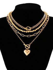 4pcs Women Layered Gold-Tone Necklaces, Including Thick Chain, Paperclip Chain, Vintage Coin & Medal Pendant, Heart Pendant, Non-Discolored, Suitable For Daily Wear And Party