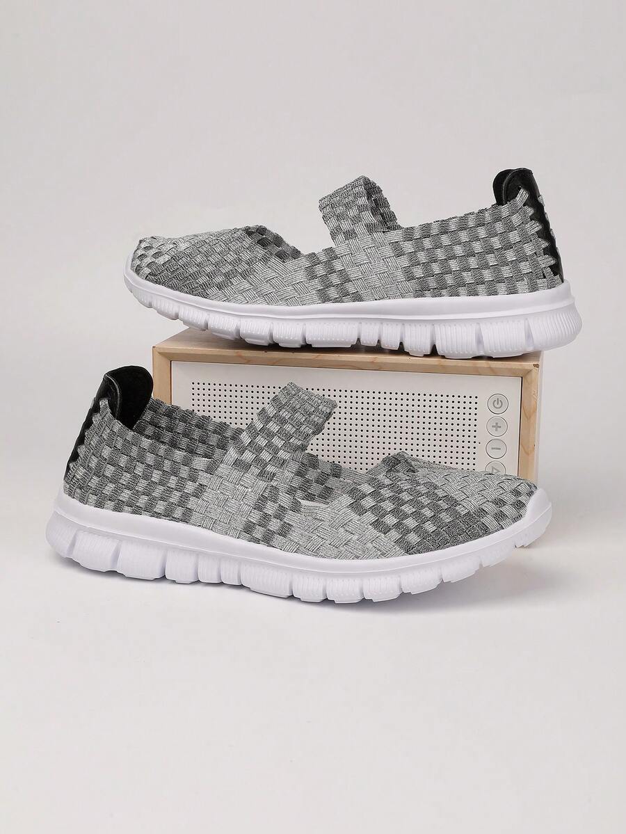 Rhombus Pattern Colorblock Plaid Bohemian Casual Elegant Woven Criss-Cross Embroidered Sneakers, Suitable For Casual, Work, Outdoor, Indoor And All Seasons - Gray Silver - View 1