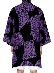 Men's  Haori, Long Kimono Cardigan Jacket Japanese Style Flying Crane Seven Sleeves Open Front Coathalloween - D-紫色 - 查看 7