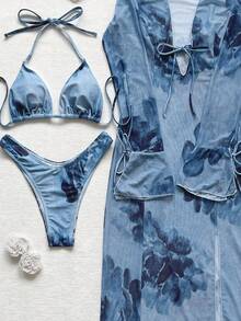 Women's Fashion Summer Vacation Bikini Set With Cover-Up Dress - Blue - View 3