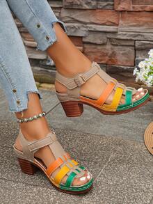 大码女式时尚夏季新款带扣撞色露趾粗跟凉鞋，优雅露背舒适百搭高跟凉鞋 - 綠黃橙 - 查看 2