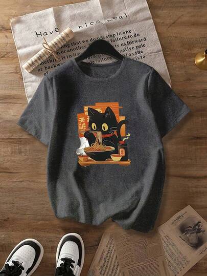 女式复古卡通猫咪图案T恤 - 复古猫咪印花短袖上衣，适合春夏季休闲穿着，休闲风格，俏皮设计，舒适T恤，圆领T恤，女式加大码