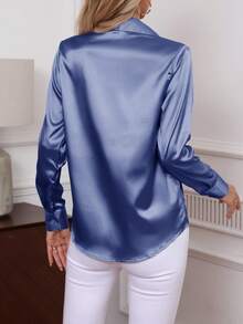 Elegant Turn-Down Collar Button-Down Long Sleeve Solid Color Faux Silk Crepe Casual Workwear Blouse For Women - Blue - View 2