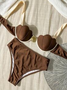 Bikinx 女士优雅度假贝壳杯撞色滚边细钢圈泳衣，夏季 - 棕色 - 查看 2