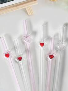 6pcs Cute Pink Heart-Shaped Glass Straws - Reusable Drinkware Set With Cleaning Brushes | Shatter-Resistant Milky Tea Smoothie Accessories, Perfect For Bachelorette Party & Bridal Engagement Decor Gift, Girlfriend Gift - Multicolor - View 9