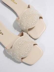 French Style Crystal Embellished Flat Square Toe Slide Sandals For Women, Spring/Summer/Autumn, Elegant Slipper Suitable With Dress, 2025 New Arrival - Beige - View 7