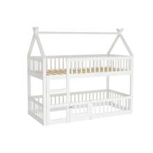 okwish Letto a castello con scala, letto a soppalco con protezione anticaduta, letto in legno massello, struttura per letto per bambini con rete a doghe (letto inferiore senza rete a doghe), bianco/grigio
