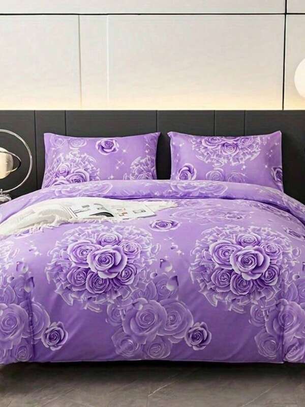3pcs Floral Duvet Cover Set - Polyester Bedding With Pillowcases(1 Duvet Cover + 2 Pillowcases), Machine Washable, Breathable Flower Pattern, All-Season Comfort, Zipper Closure, Sanded Craftsmanship, Active Print, No Insert