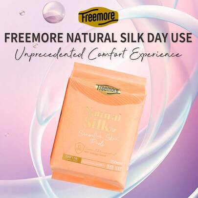 FREEMORE كيسان من فريمور لفوط صحية طبيعية من الحرير للاستخدام نهارًا/ليلاً (250مم و290مم)، مع قفل منع التسرب وخلاصة الإدلويس السويسرية، ناعمة كالبشرة، تعظم الامتصاص والراحة للفوط الصحية