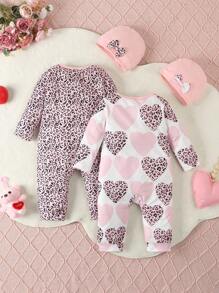 Bhchntiy 4pcs/Set Baby Girl Floral Print & Solid Color Jumpsuit With Matching Bow Headband, Casual Set, Autumn - Dusty Pink - View 3