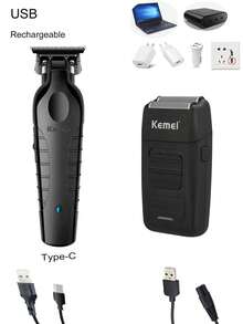 Kemei 科美牌男士电动理发器和电动剃须刀套装（2件套），专业理发器，无线USB充电式理发器，男士雕刻机剃须刀套装 KM-2299 和 KM-1102
