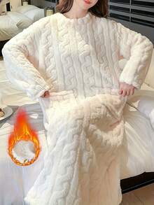 Plus Size Plush Long Robe, Warm Fleece Sleepwear Bathrobe For Women, Thick Robe/Dress Suitable For Autumn & Winter - Multicolor - View 2