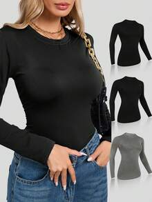 3pcs/Set Autumn/Winter Thickened Round Neck Long Sleeve Slim Fit Base Layer - Multicolor - View 2