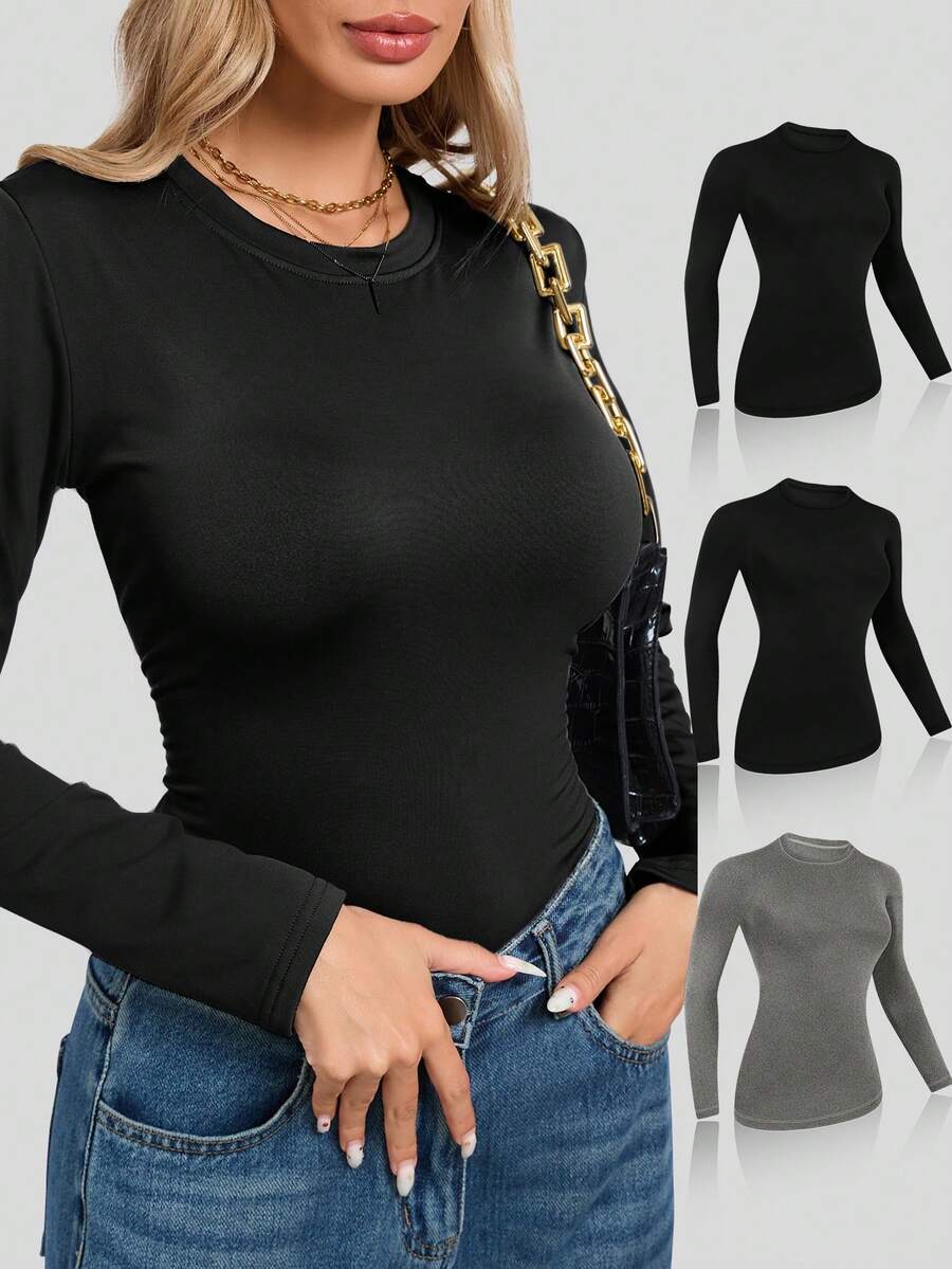3pcs/Set Autumn/Winter Thickened Round Neck Long Sleeve Slim Fit Base Layer