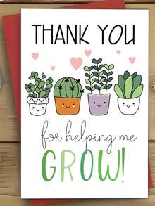 Teacher Appreciation Greeting Card With Envelope - Cute Plant Illustrations, Premium Paper Material - Expressive Thank You For Helping Me Grow Card Gift For Educators, Mentors, And Tutors