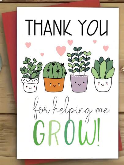 Teacher Appreciation Greeting Card With Envelope - Cute Plant Illustrations, Premium Paper Material - Expressive Thank You For Helping Me Grow Card Gift For Educators, Mentors, And Tutors